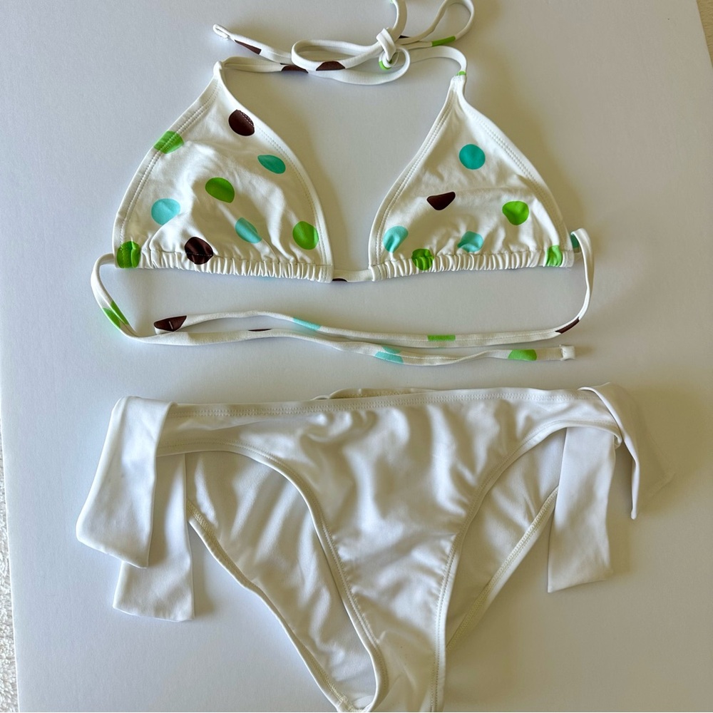 White Polka Dot String Bikini Set With Tie Side Bottoms Adjustable Halter Size M - Picture 12 of 13